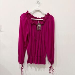 Vivienne Tam Boho Smocked Ruffle Trim Long Sleeve Blouse Pink Women's Size M